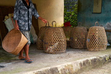 A row of straw cages for fighting roosters stands along a road in an Asian village.