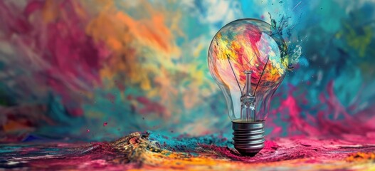 Innovative light bulb concept with a swirling mix of vivid colors symbolizing a brainstorming session. - obrazy, fototapety, plakaty