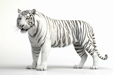A 3D illustration of a majestic tiger with white fur standing on a white background. Generative AI