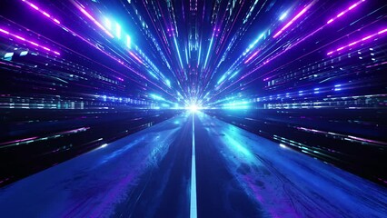 An endless high-speed flight through a neon sci-fi tunnel of colorful laser light in a seamless VJ loop. Perfect for music videos, stage performance walls, LED screens and projection cards. - Powered by Adobe