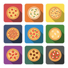 Set of 9 colorful Pizza Icon with Long Shadows: Pepperoni, Cheese, Kebab, Mushroom, Caprese, White, Neapolitan. Vector Design in Flat Style. Vibrant vector Illustration Collection