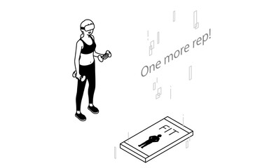 VR fitness, woman wearing VR goggles doing dumbbell training