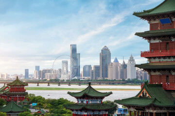 Aerial photography of urban street views on both sides of the Gan River in Nanchang..