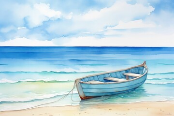 Fototapeta premium Watercolor Beach Background: Serene Coastal Seascape Painting