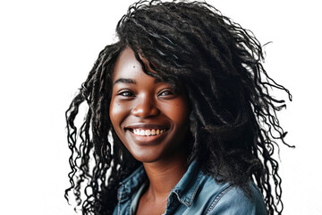 Studio portrait of a beautiful African American woman with clean healthy skin and long shaggy hairstyle smiling and cheerful isolated on transparent png background.