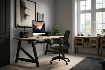 a modern workspace with a black desk furnished with a PC, décor, and a wooden table. Generative AI