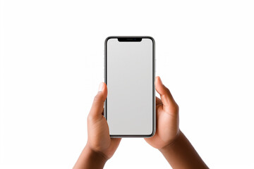 hands holding a mobile phone with empty white screen for presentation isolated on white 