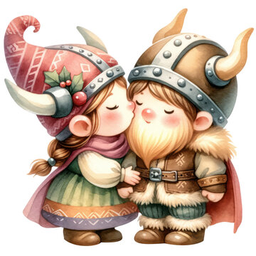 Gnome Viking Couple, Watercolor Clipart