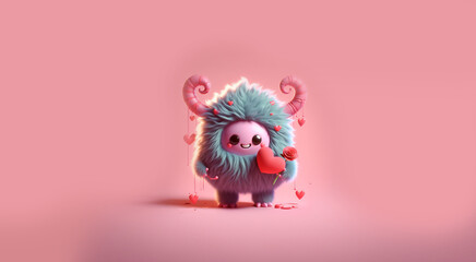 Cute Happy 3d Render Monster Holding Rose for Valentine's Day - obrazy, fototapety, plakaty