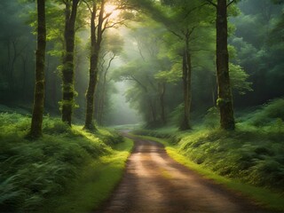 Obraz premium depth and distance road in a lush green forest