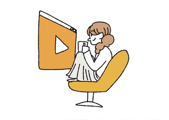 動画鑑賞をする女性　インターネットを活用する女性のイラスト