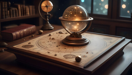A space explorer's room: floating desk, ancient map, time-changing hourglass ai generation