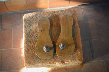 Vintage wooden slippers. Handcrafted Wood Khadau, Paduka slippers used for holy purpose.