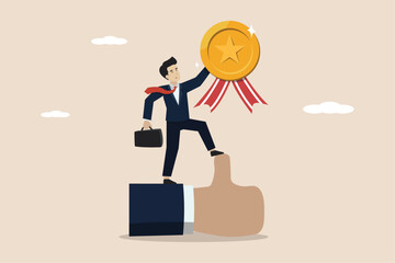 Great manager or successful staff winning award, staff award or best office worker concept, successful businessman manager celebrating employee award with big thumbs up symbol.