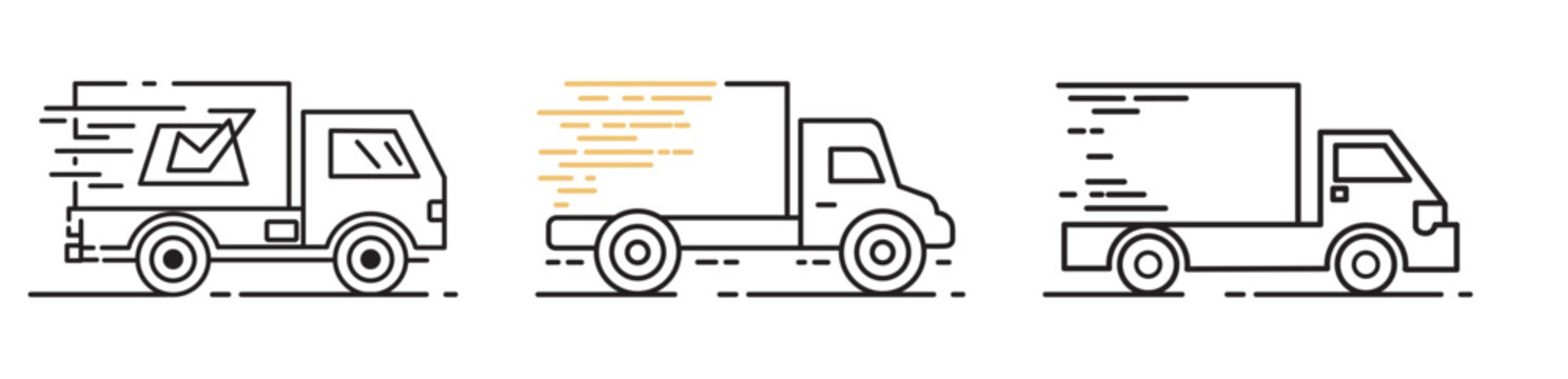 Fast shipping delivery truck line art vector icon. Vector illustration isolated on transparent background