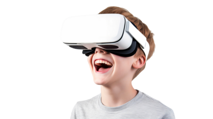 Portrait of a boy using virtual reality headset. Technology concept Isolated on transparent background