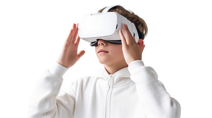 Portrait of a boy using virtual reality headset. Technology concept Isolated on transparent background