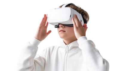 Portrait of a boy using virtual reality headset. Technology concept Isolated on transparent background