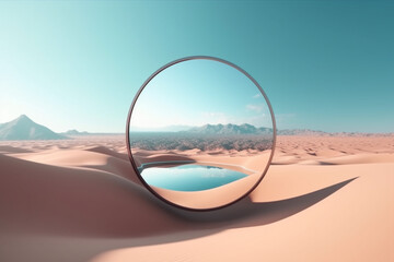 Landscape, graphic resources concept. Abstract and surreal background of glass mirror object placed in sand desert dune. Clear blue sky with copy space. Blank product placement background - obrazy, fototapety, plakaty