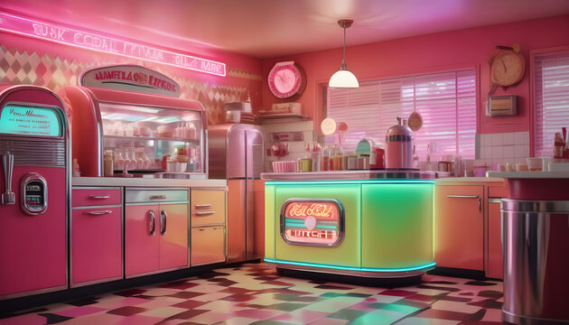 Kitchen from the 1950s with holographic soda jerk, telepathic appliances, jukebox ai generation