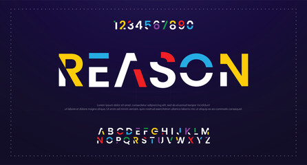 Reason Modern abstract digital alphabet font. Minimal technology typography, Creative urban sport fashion futuristic font and with numbers. vector illustration. - obrazy, fototapety, plakaty