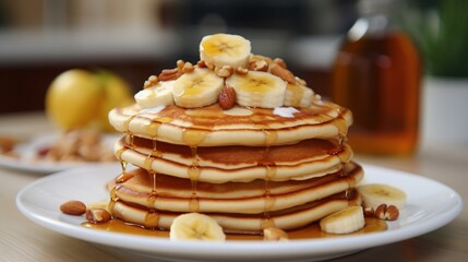 Fototapeta na wymiar Pancakes traditional with honey, almonds, and banana on a white dish