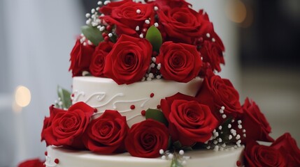 Red roses to garnish a wedding cake