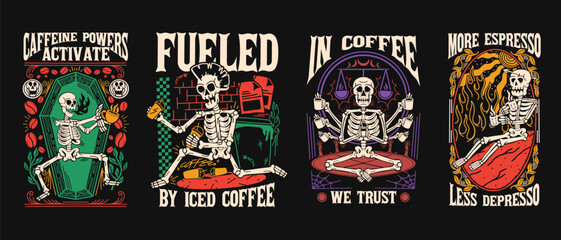 Vintage Coffee Skeleton T-shirt Designs Vector Bundle