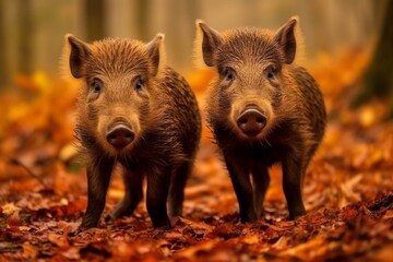 Two wild boars still young in the forest. Generative AI