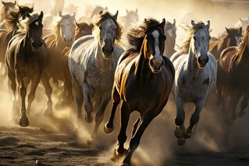 Frenzied herd of untamed horses galloping. Generative AI