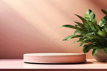 podium for display product pastel background and light shadow with green leaf. Generative ai.