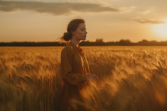 The Golden Hour: Bathed in Sunlight Among the Wheat Fields. Generative AI