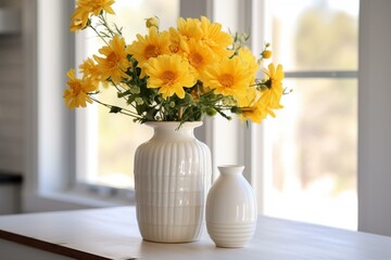 Yellow flowers in vase on white table next to water-filled vase and middle plant. Generative AI
