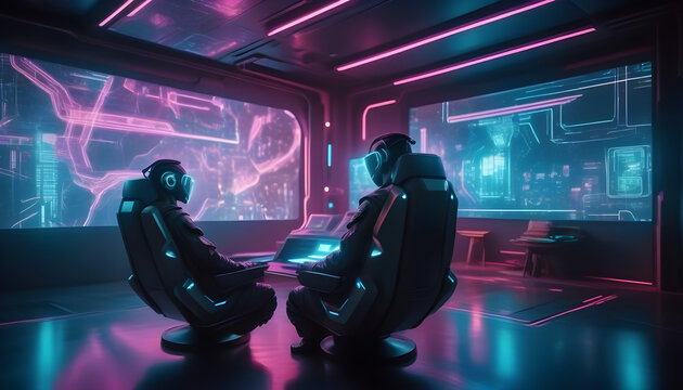 Cyberpunk world: holographic projectors, shape-shifting seats, intergalactic battle sound system ai generation - Powered by Adobe