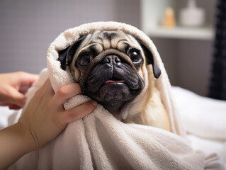 Pug dog after taking a shower, cute wet pug dog sitting after shower on bed, pets grooming and washing.