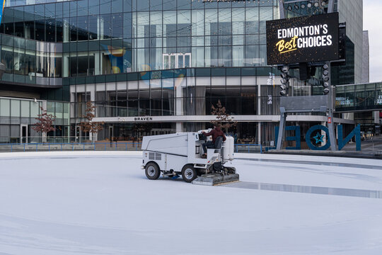 16 December 2023 - Edmonton alberta Canada - Zamboni Resurfacing ice rink