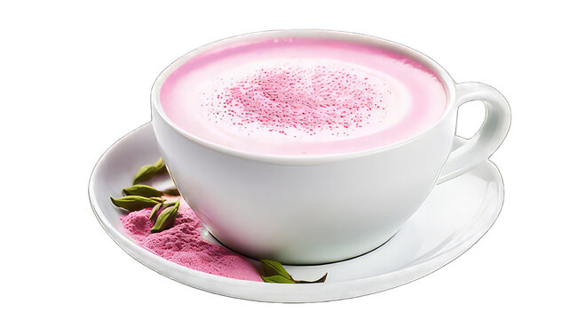 A photo of close short view pink mahatma latte with milk. Coffee Cup isolated on white png transparent background