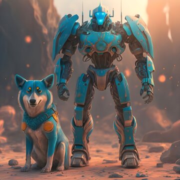 A Robot  with a blue dog , 3d render

