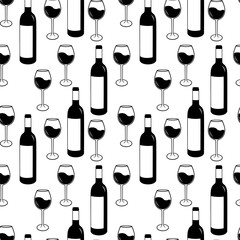 Monochrome seamless pattern with Wine glass and bottle silhouette. Vector illustration isolated on white background.