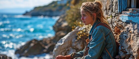 A young girl looks out to sea while using a laptop.