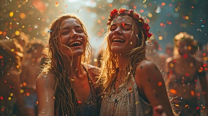 a full-length studio image of two females dancing beneath confetti while enjoying an event, featuring American ladies . - Powered by Adobe