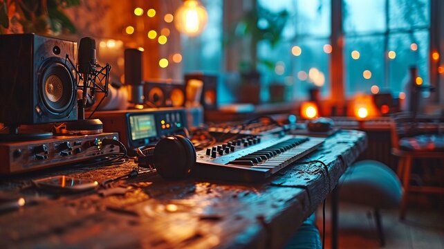 A defunct online radio studio that is utilised for podcasts, equipped with a broadcasting light and a professional microphone.