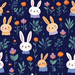 Seamless pattern with cute rabbits and flowers