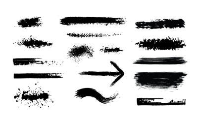 Icon set isolated ink dry texture black brush splash artistic template creative grunge paint stroke with Grunge texture elongated long black background transparent png