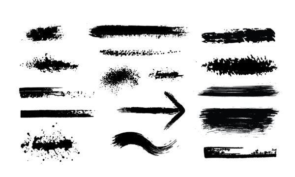 Icon set isolated ink dry texture black brush splash artistic template creative grunge paint stroke with Grunge texture elongated long black background transparent png