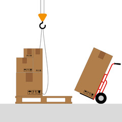 Boxes on a pallet are lifted with a crane hook. Beige cardboard closed box stack with fragile sign...