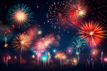 Fototapeta premium Beautiful fireworks and colourful on dark night sky background. Generative ai.