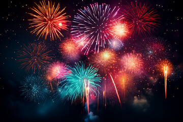 Fototapeta premium Beautiful fireworks and colourful on dark night sky background. Generative ai.