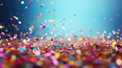 Festive celebration concept with colorful confetti pieces falling against a vibrant blue backdrop.