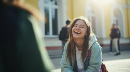 Fototapeta premium Radiant young woman laughing heartily in a sunny outdoor setting.
